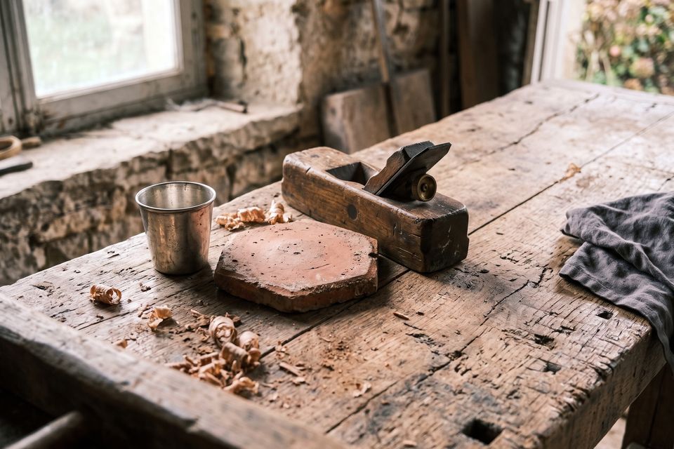 Une timbale, une tomette retournée et un rabot posés sur un vieil établi, près d'une fenêtre